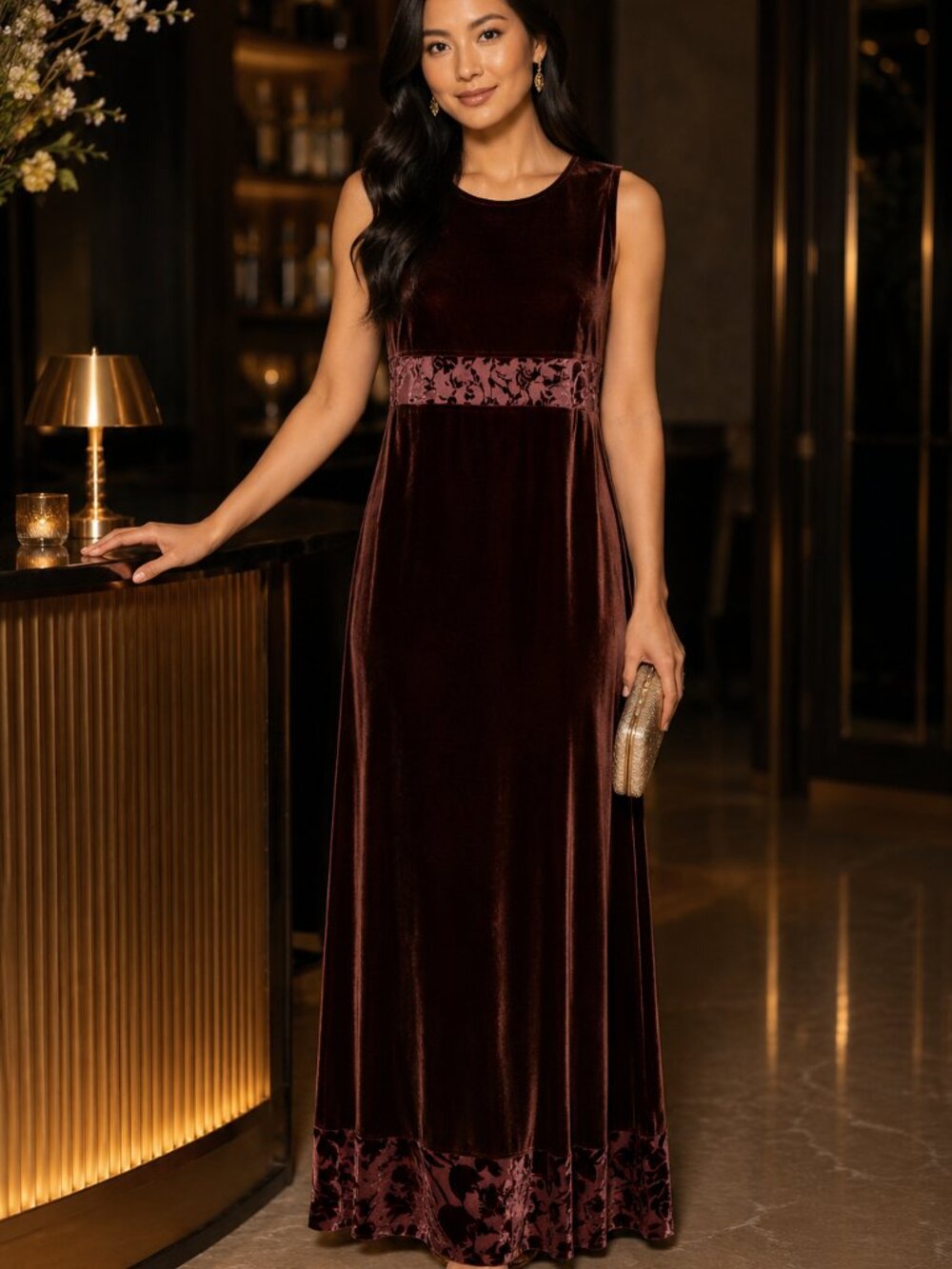 Dressing Clio Petites Maxi Dress Size PM Brown Velvet Lace Boho Party Vintage